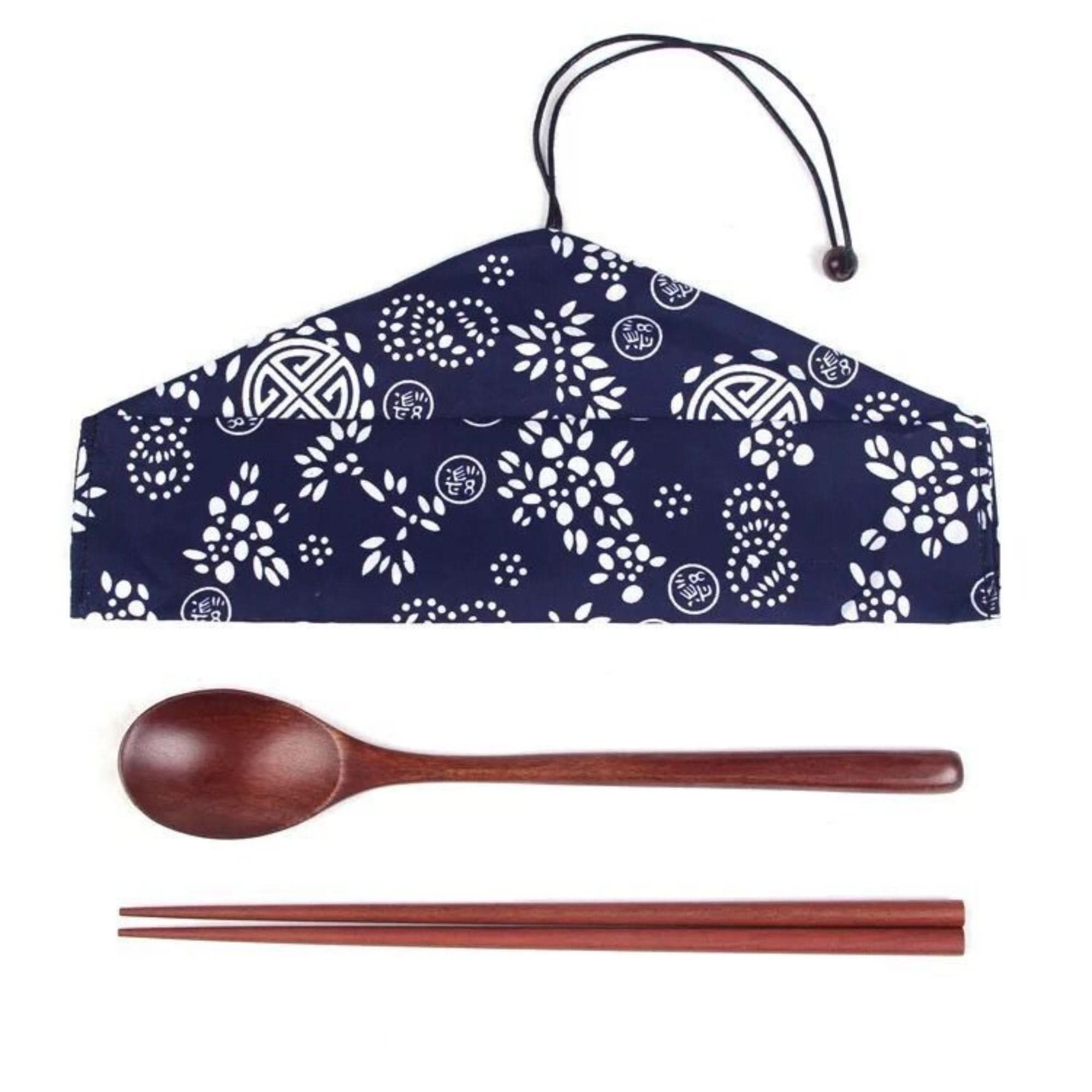 Japanese Wood Cooking Utensils with blue floral fabric case: spoon and chopsticks set